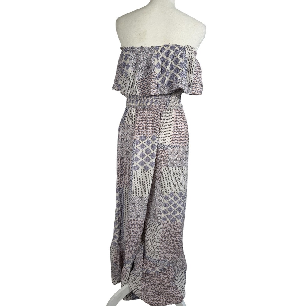 ILLA ILLA Patchwork Jumpsuit Womens L Blue Boho Off Shoulder Wide Leg Rayon - Picture 10 of 13